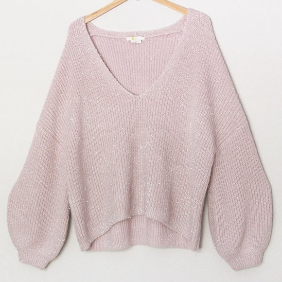 Boden Chunky Fluffy V Neck Wool Blend Sweater Metallic Sparkly Cameo Pink 16/18 - Picture 5 of 16